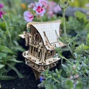 Handcrafted wooden faerie house for flower pot and garden decoration