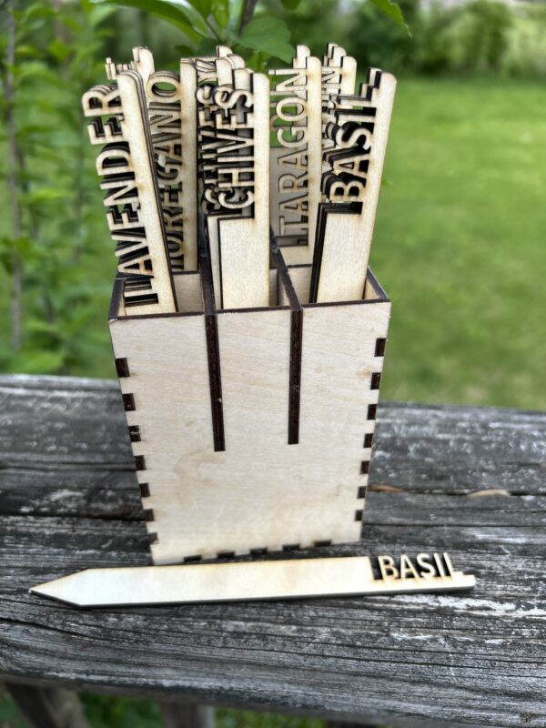 Hand-Crafted wooden garden stakes for herbs and plants. Rustic, made to order, and perfect for any charming herb garden.