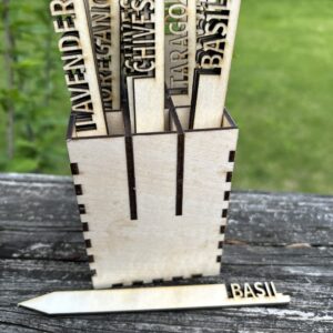 Hand-Crafted wooden garden stakes for herbs and plants. Rustic, made to order, and perfect for any charming herb garden.