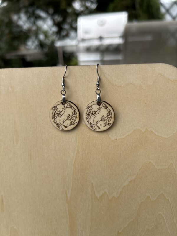Handmade Wood Koi Fish Yin Yang Earrings - Image 5