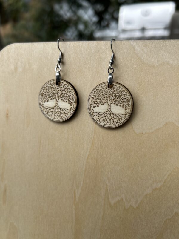 Wood Tree of Life Earrings - Handmade Wooden Dangle Earrings - Image 2