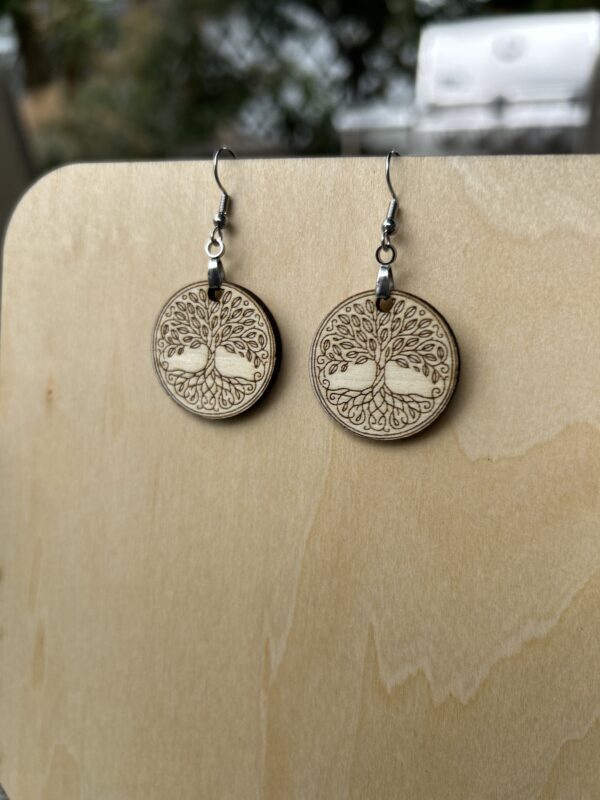 Wood Tree of Life Earrings - Handmade Wooden Dangle Earrings - Image 3