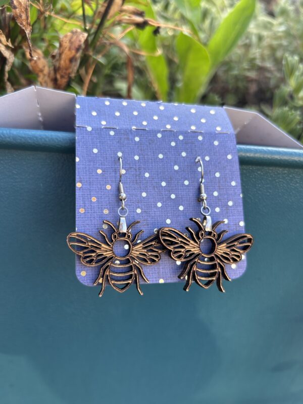 Handmade Wooden Bumblebee Earrings with Gold Sparkle Finish - Image 3