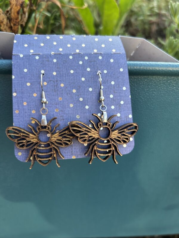 Handmade Wooden Bumblebee Earrings with Gold Sparkle Finish - Image 5