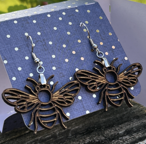 bumble bee wood cut earrings shop local