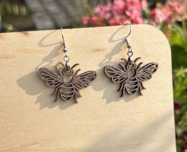 Handmade Wooden Bumblebee Earrings with Gold Sparkle Finish - Image 2