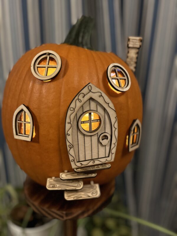 DIY Pumpkin Fairy House Kit – Unfinished Wooden Door, Windows, Chimney & Stairs for Carved Pumpkins - Image 4