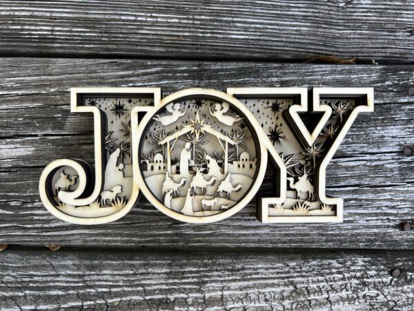 Unfinished 3D layered wooden nativity JOY sign craft kit with laser cut details