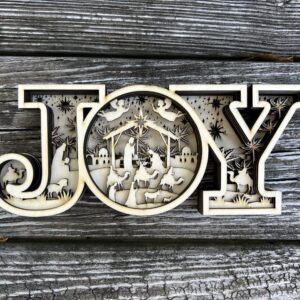 Unfinished 3D layered wooden nativity JOY sign craft kit with laser cut details