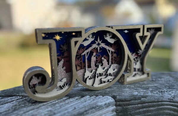 Unfinished 3D layered wooden nativity JOY sign craft kit with laser cut details