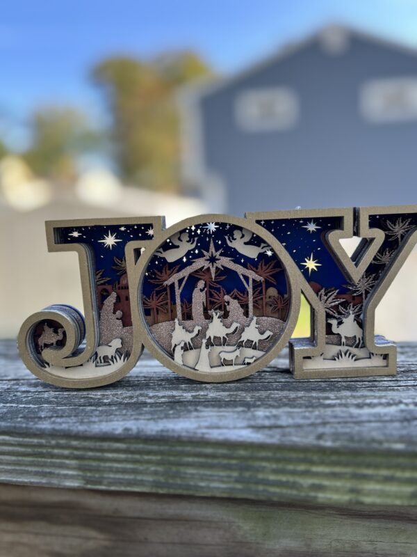 Unfinished 3D layered wooden nativity JOY sign craft kit with laser cut details